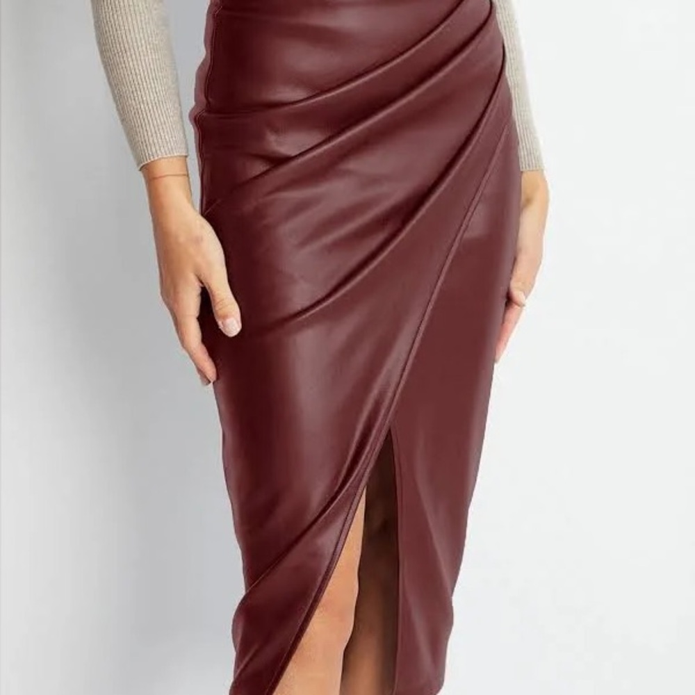 Elegant Burgundy faux leather wrap skirt